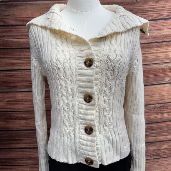 Energie Sweaters - Energie Authentic Women's Large Ivory Cable Knit Shawl Collar Cardigan Y2K